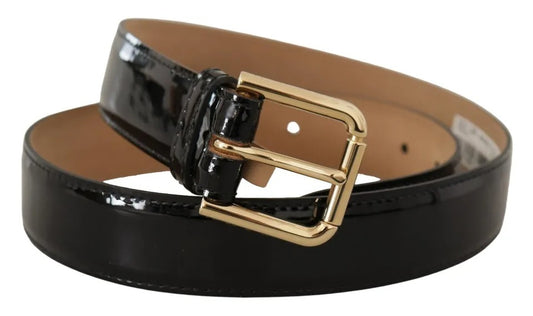 Dolce & Gabbana Black Patent Leather Gold Logo Engraved Buckle Belt